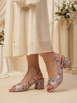 SHOE BEE - Women Rose Gold Shimmer Slingback Block Heels