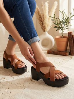 SHOE BEE - Women Brown Criss-Cross Block Heels