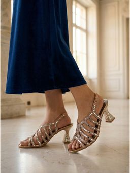 SHOE BEE - Women Gold Crystal Strap Block Heels