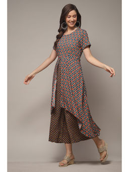 Biba - Womens Indigo Printed Rayon Straight Jumpsuit