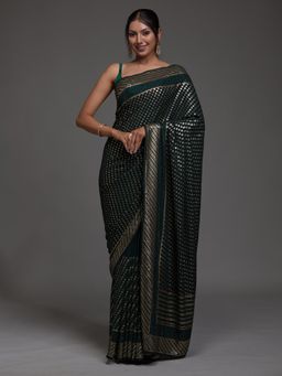 Koskii - Bottle Green Embellished Georgette Saree with Unstitched Blouse