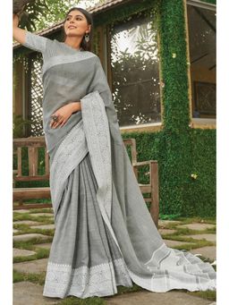 Sangam Prints - Grey Linen Woven Zari Work Traditional Tassel Saree with Unstitched Blouse