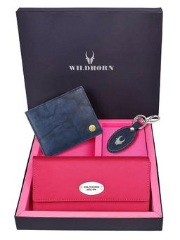 WILDHORN - Premium Leather Ladies Wallet, Mens Wallet and Keychain Gift -1K_RO_2052BLV_K (Set of 3)