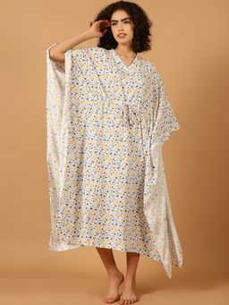 Blissence - Women White Floral Printed Kaftan Nightdress