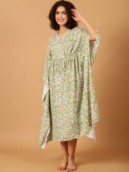 Blissence - Women Green Daisy Dee Printed Kaftan Nightdress