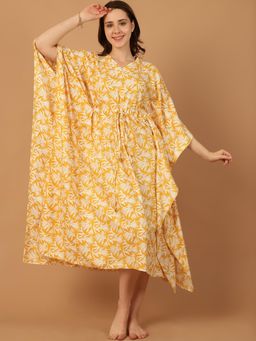 Blissence - Women Yellow Tropical Printed Kaftan Nightdress