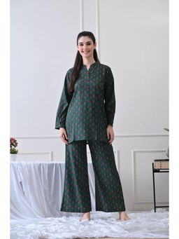 HOUSE OF COMFORT - Floral Printed Mandarin Collar Pure Cotton Kurti With Pyjama