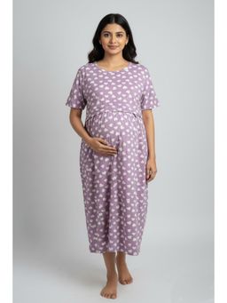 Putchi - Round Neck Cotton Short Sleeves Dreamy Heart Dress - Iris Lavender