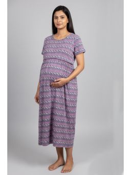 Putchi - Round Neck Cotton Short Sleeves Bloom Dress - Purple