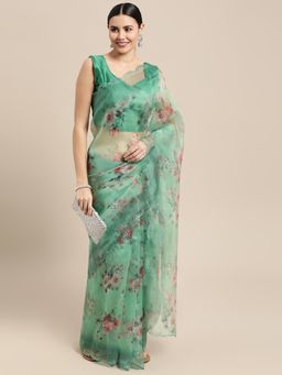 Vastranand - Green Organza Floral Print Party Wear Saree with Unstitched Blouse