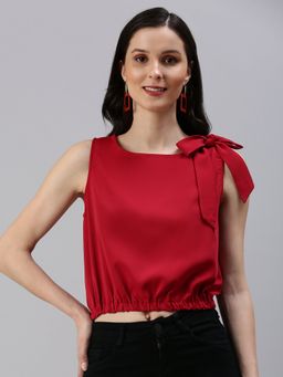 SHOWOFF - Women's Solid Cinched Waist Maroon Boat Neck Top