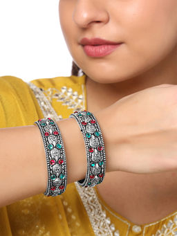 Yellow Chimes - Kundan Studded Silver Oxidized Bangles Sets for Women