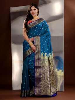 CHARUKRITI - Blue Silk Blend Zari Handwoven Saree with Unstitched Blouse
