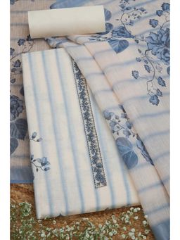 Soch - Cream Linen Floral Print Unstitched Kurta with Bottom and Dupatta (Set of 3)