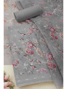 Soch - Grey Linen Botanical Print Unstitched Kurta with Bottom and Dupatta (Set of 3)