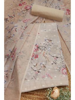 Soch - Beige Linen Botanical Print Unstitched Kurta with Bottom and Dupatta (Set of 3)