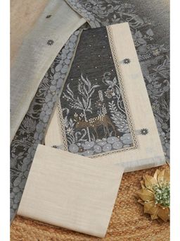 Soch - Beige Chanderi Botanical Print Unstitched Kurta with Bottom and Dupatta (Set of 3)