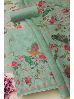 Soch - Sap Green Linen Botanical Print Unstitched Kurta with Bottom and Dupatta (Set of 3)