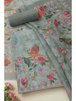 Soch - Grey Linen Botanical Print Unstitched Kurta with Bottom and Dupatta (Set of 3)