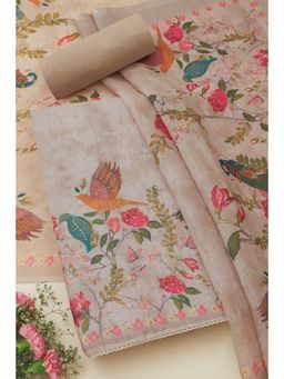 Soch - Beige Linen Botanical Print Unstitched Kurta with Bottom and Dupatta (Set of 3)