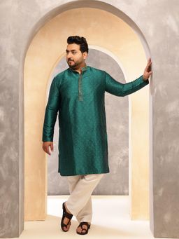 SOJANYA - Men Silk Blend Teal Green Self Design Only Long Kurta
