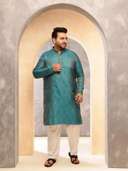 SOJANYA - Men Jacquard Silk Teal Blue And Gold Only Long Kurta
