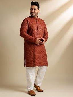 SOJANYA - Men Cotton Floral And Cross-Stitch Sequins Brown Kurta