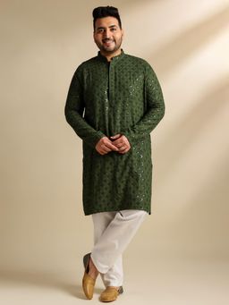 SOJANYA - Men Cotton Floral And Cross-Stitch Sequins Green Kurta