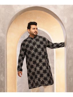 SOJANYA - Men Cotton Linen Printed Black Long Kurta