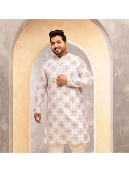 SOJANYA - Men Cotton Linen Printed White Long Kurta