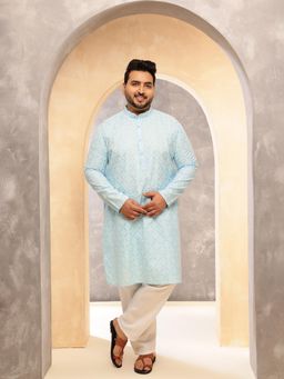 SOJANYA - Men Floral Print Cotton Blend Sky Blue Long Kurta
