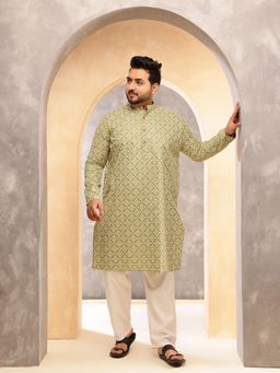 SOJANYA - Men Floral Print Cotton Blend Green Long Kurta