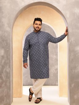 SOJANYA - Men Floral Print Cotton Blend Navy Blue Long Kurta