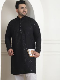 SOJANYA - Men Cotton Sequinned Embroidered Black Long Kurta