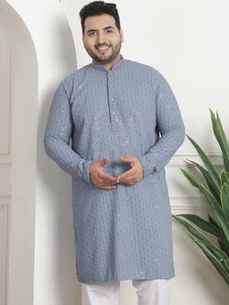 SOJANYA - Men Cotton Sequinned Embroidered Grey Long Kurta