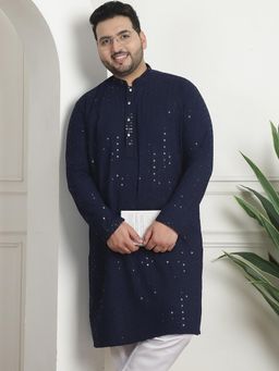 SOJANYA - Men Cotton Sequinned Embroidered Navy Blue Long Kurta