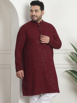 SOJANYA - Men Cotton Sequinned Embroidered Wine Long Kurta