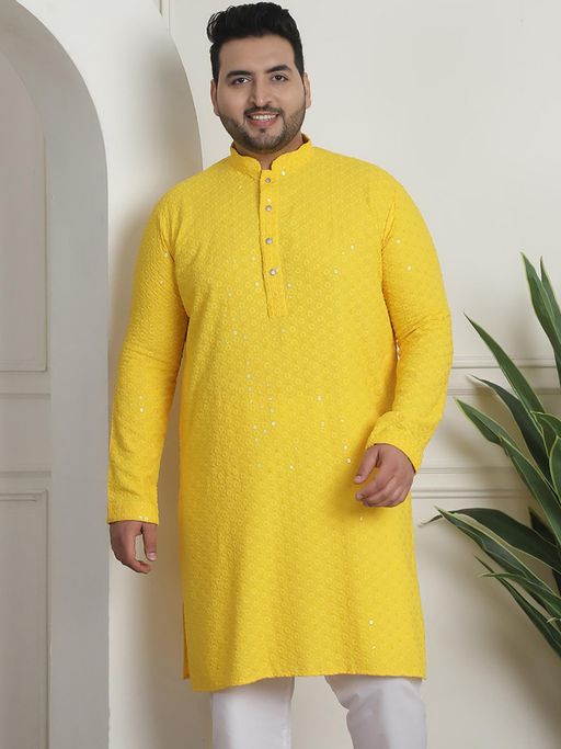 SOJANYA Men Cotton Sequinned Embroidered Yellow Long Kurta
