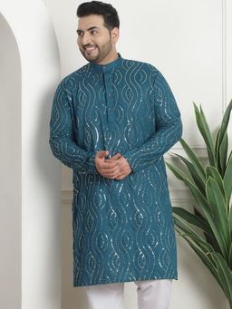 SOJANYA - Men Cotton Designer Teal Blue Long Kurta