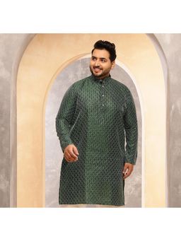 SOJANYA - Men Silk Blend Green Long Kurta With Thread Detailing