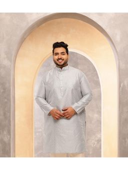 SOJANYA - Men Silk Blend Grey Long Kurta With Thread Detailing