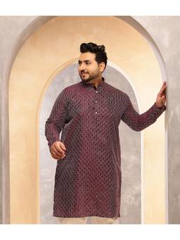 SOJANYA - Men Silk Blend Wine Long Kurta With Thread Detailing