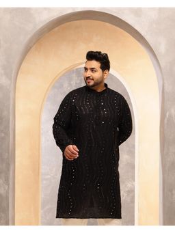 SOJANYA - Men Cotton Black Long Kurta With Mirror Embroidery