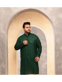 SOJANYA - Men Cotton Green Long Kurta With Mirror Embroidery