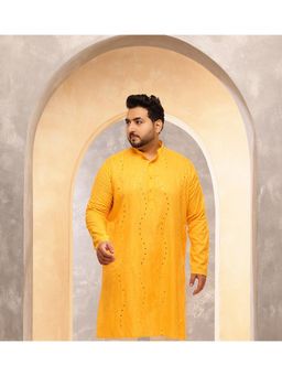 SOJANYA - Men Cotton Mustard Long Kurta With Mirror Embroidery