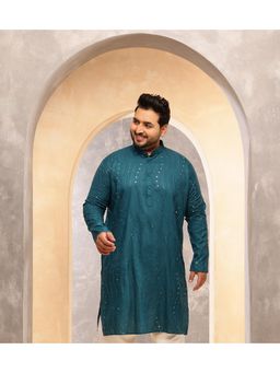 SOJANYA - Men Cotton Teal Blue Long Kurta With Mirror Embroidery