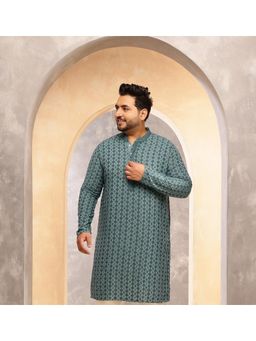 SOJANYA - Men Cotton Ethnic Embroidered Teal Blue Kurta