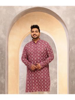 SOJANYA - Men Cotton Blend Ikat Print Coral Long Kurta