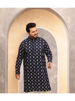 SOJANYA - Men Cotton Blend Ikat Print Navy Blue Long Kurta