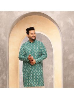 SOJANYA - Men Cotton Blend Ikat Print Ram Green Long Kurta